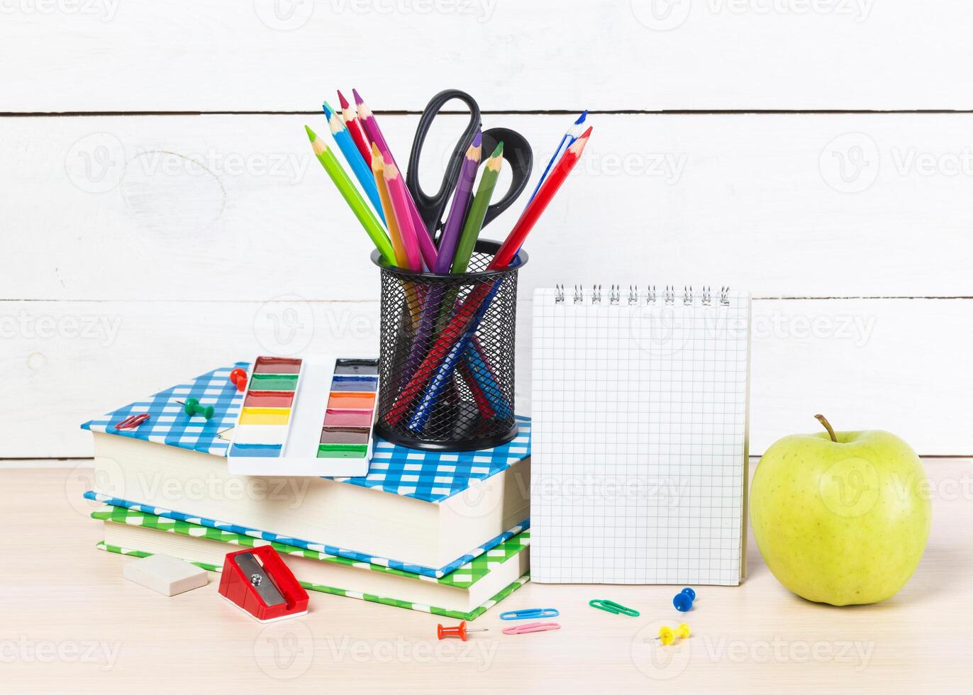 Back to school concept. School stationery and accessories photo