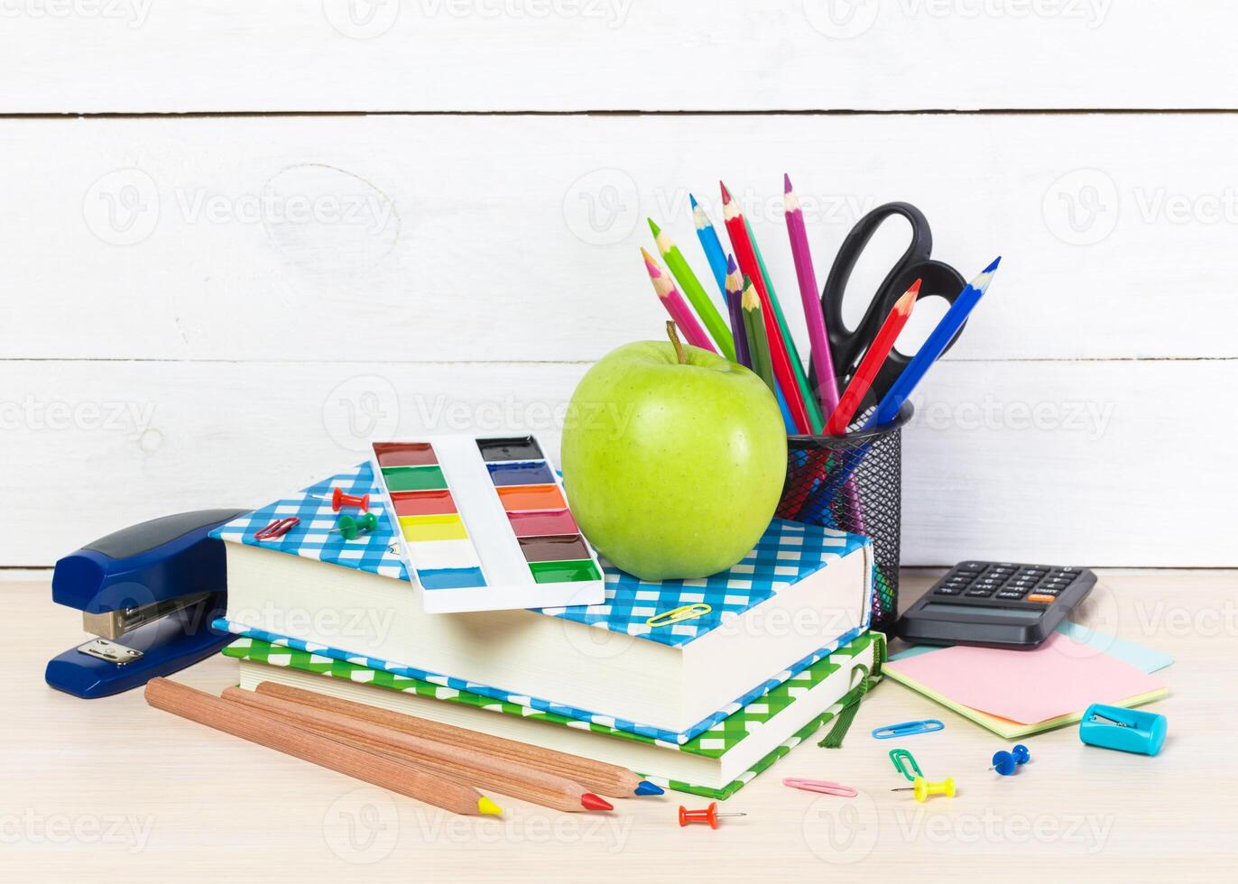 Back to school concept. School stationery and accessories photo