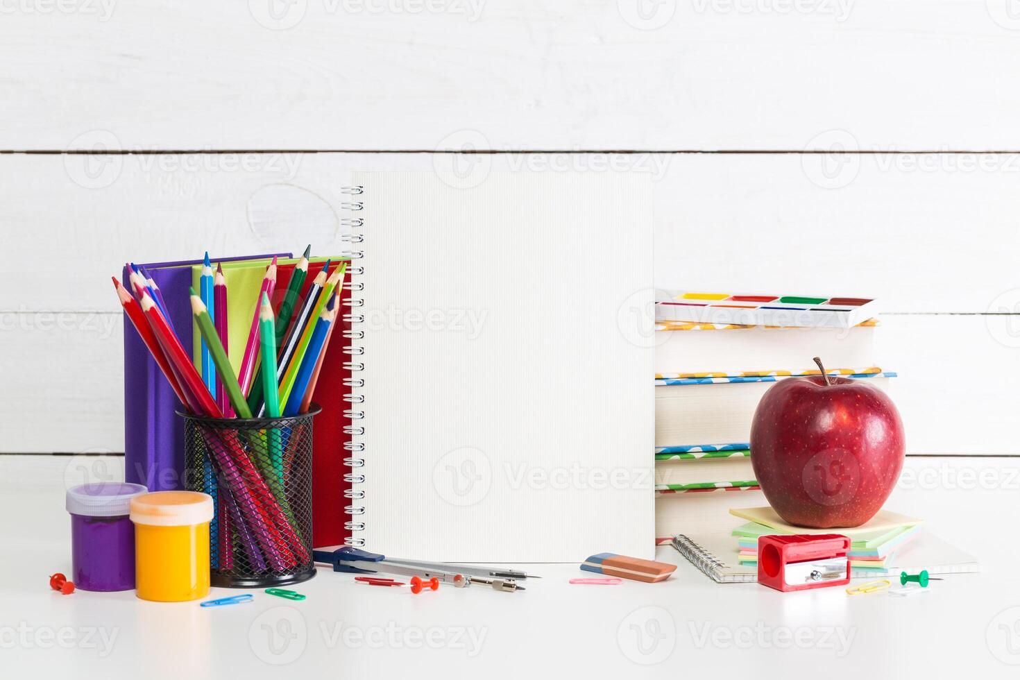 Drawing supplies on white table close up photo