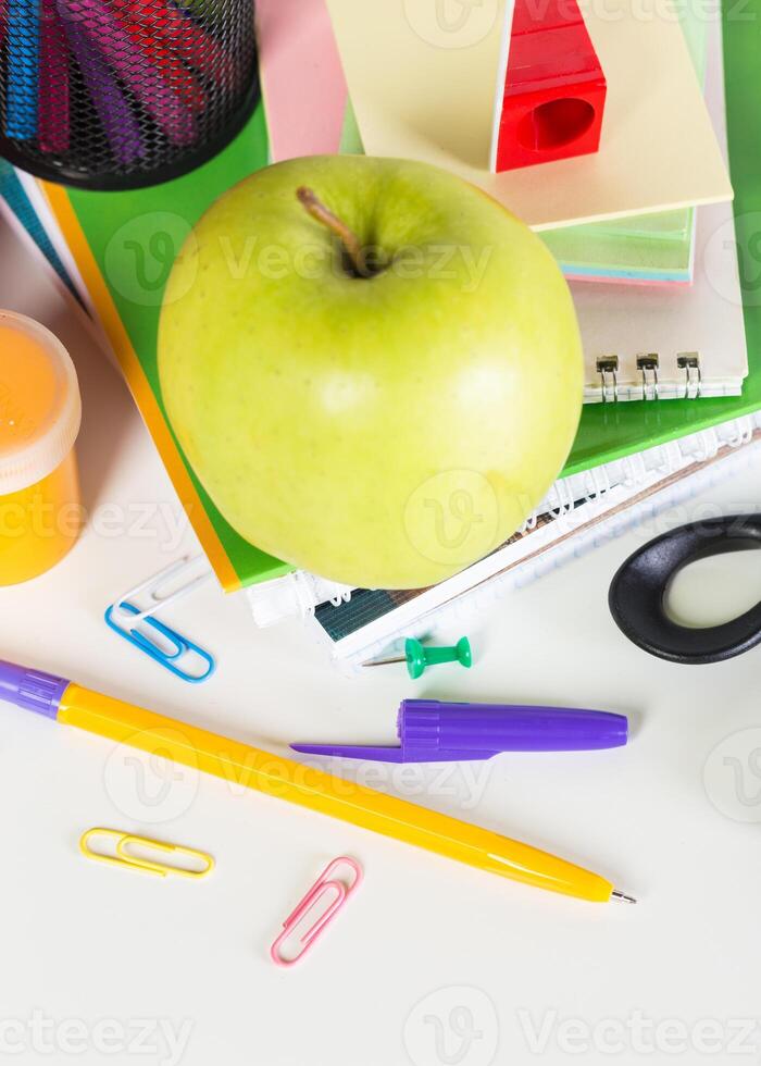 Drawing supplies on white table close up photo