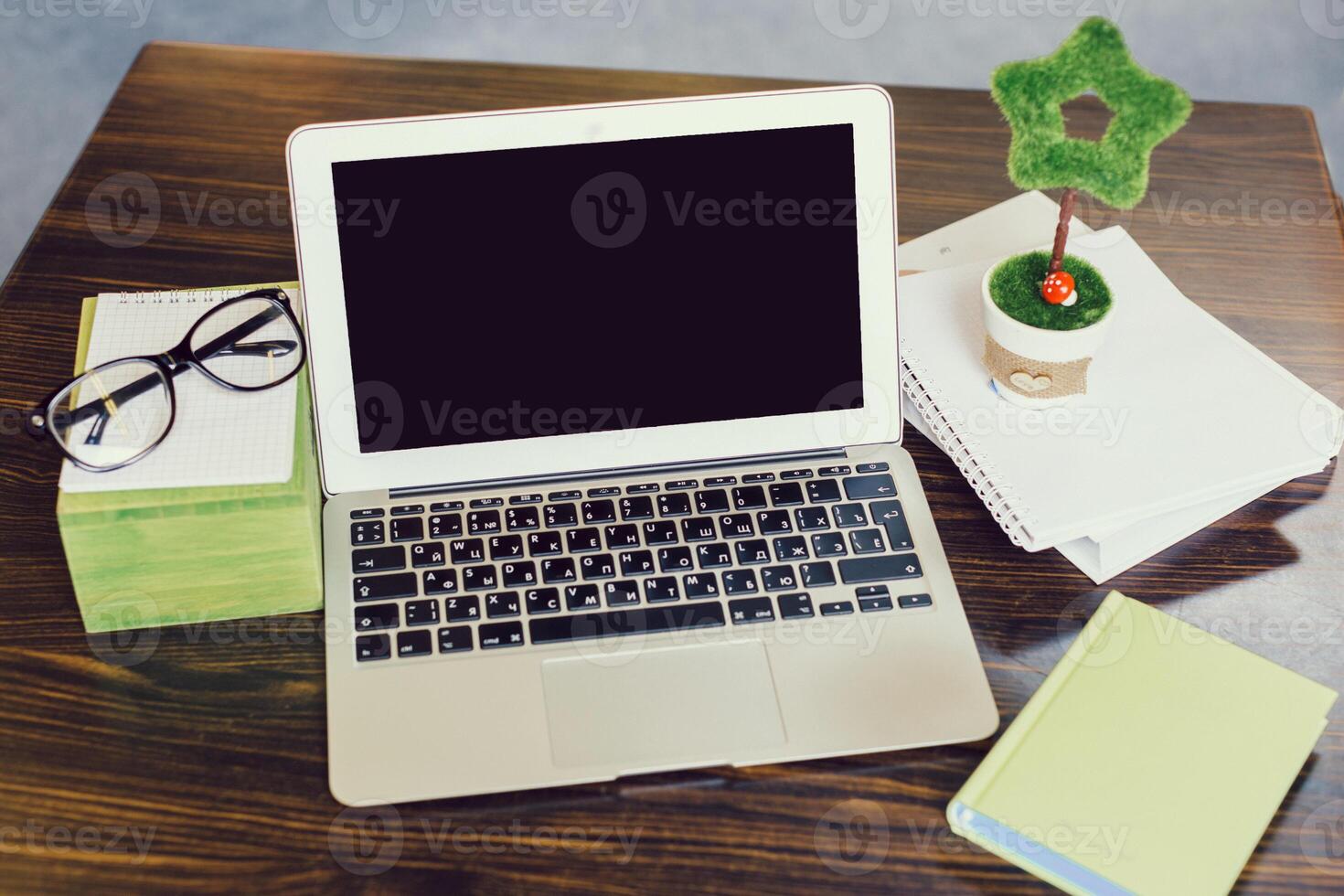 Workstation setup with laptop, glasses, and decorative plant in cozy indoor space photo