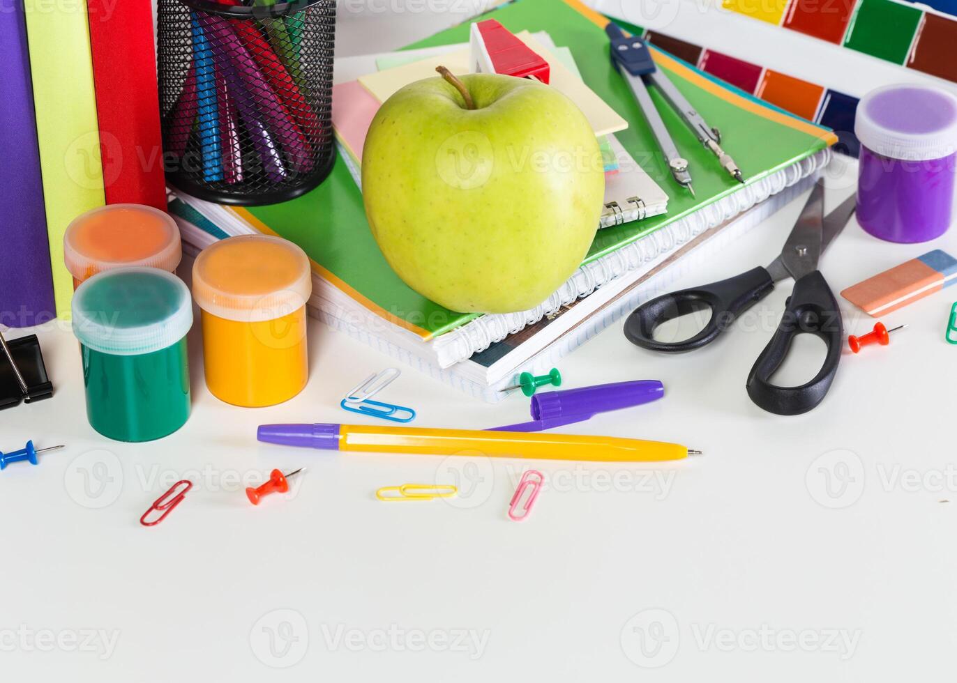 Drawing supplies on white table close up photo
