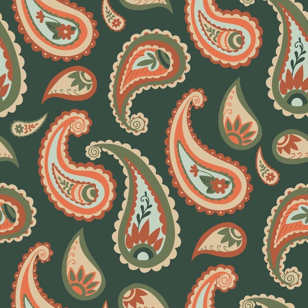 Abstract seamless paisley pattern with ornamental elements in a retro color scheme on a dark background. vector