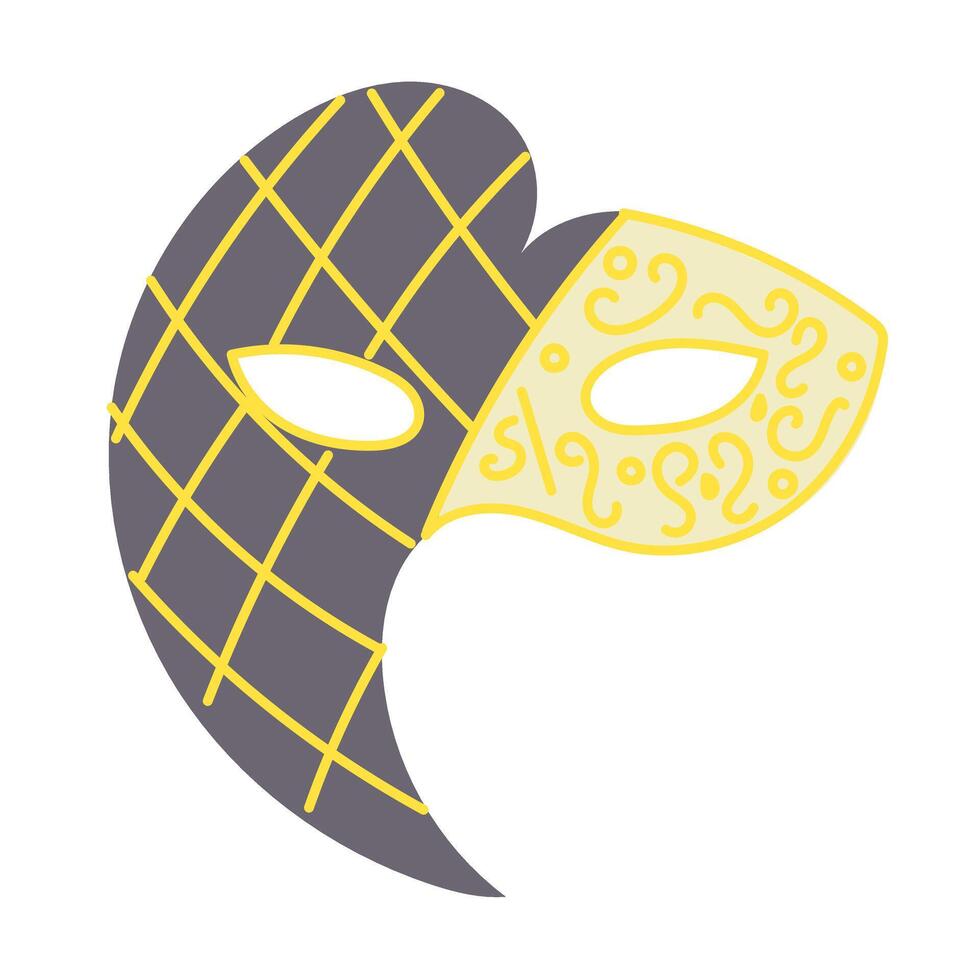 Elegant Venetian mask illustration in black and gold, featuring intricate details and a harlequin pattern, symbolizing mystery, masquerade, and carnival vector