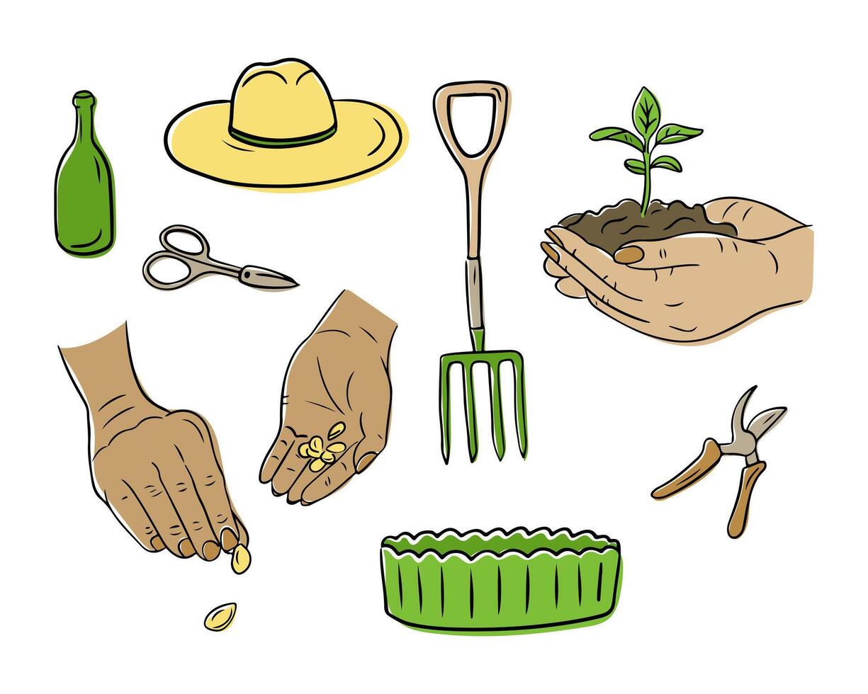 Hand drawn gardening elements including hands planting seeds, seedlings, tools, a hat, and garden accessories in a colorful doodle style vector