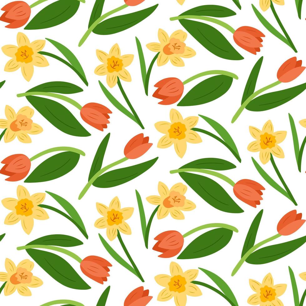 Spring floral pattern with yellow daffodils and orange tulips on a white background, designed in a watercolor illustration style, perfect for textiles, packaging vector