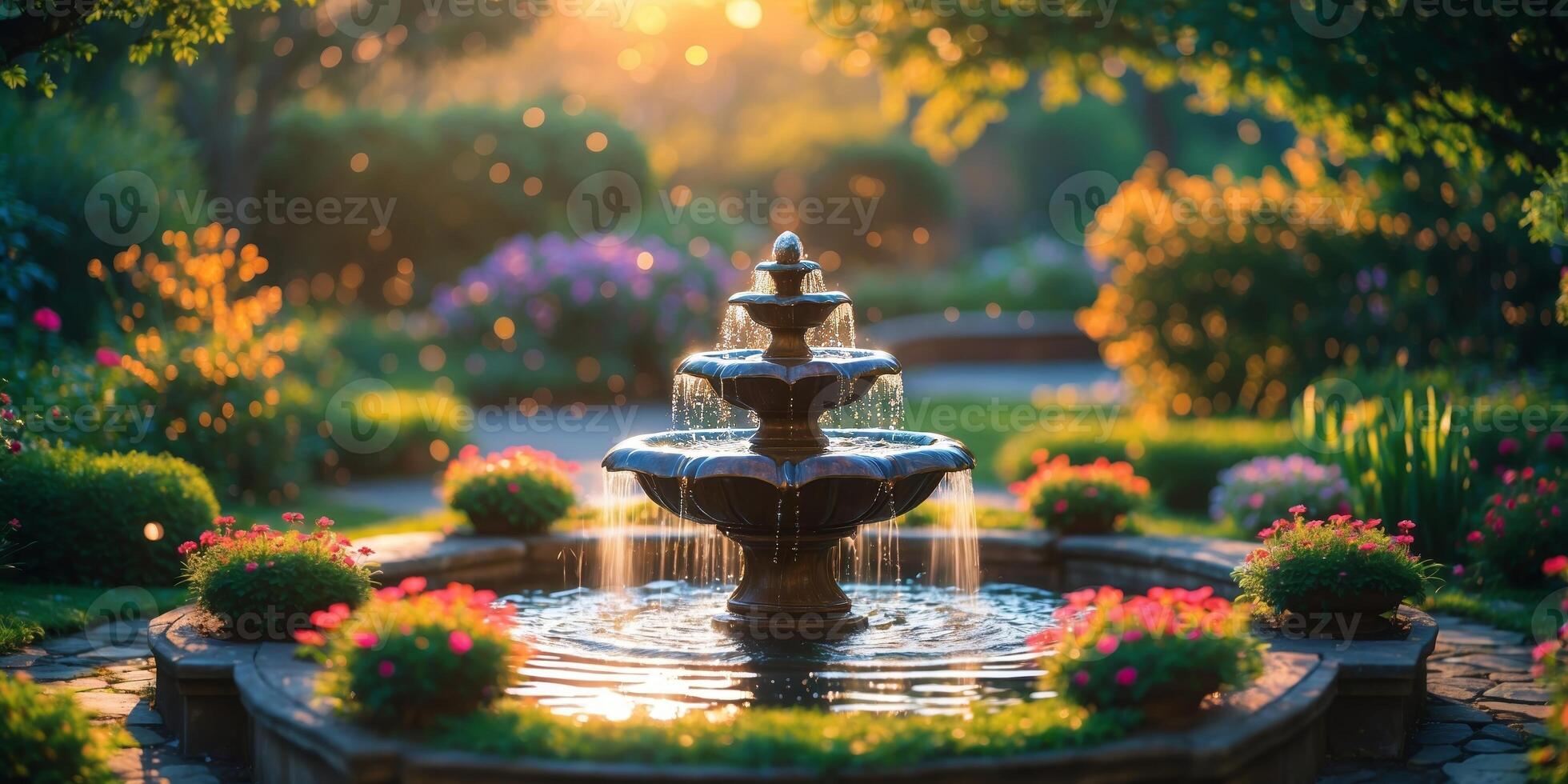Beautiful fountain surrounded by vibrant flowers and greenery in a sunny garden at dusk photo
