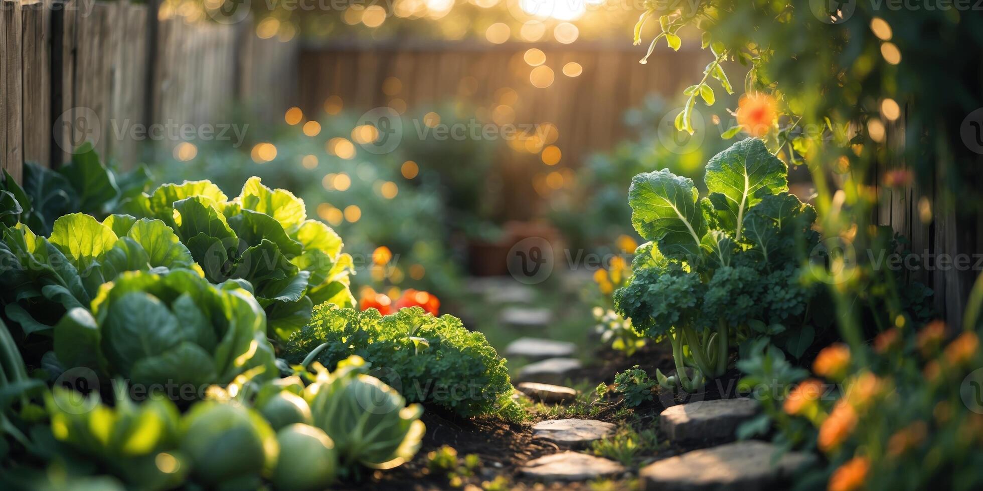 Sunlight filters through a vegetable garden path lined with vibrant plants in the late afternoon photo