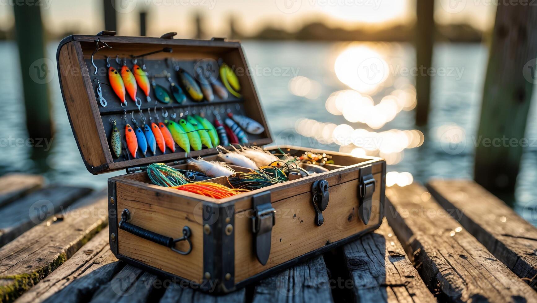 Fishing tackle box with colorful lures resting on a wooden pier at sunset by the water photo