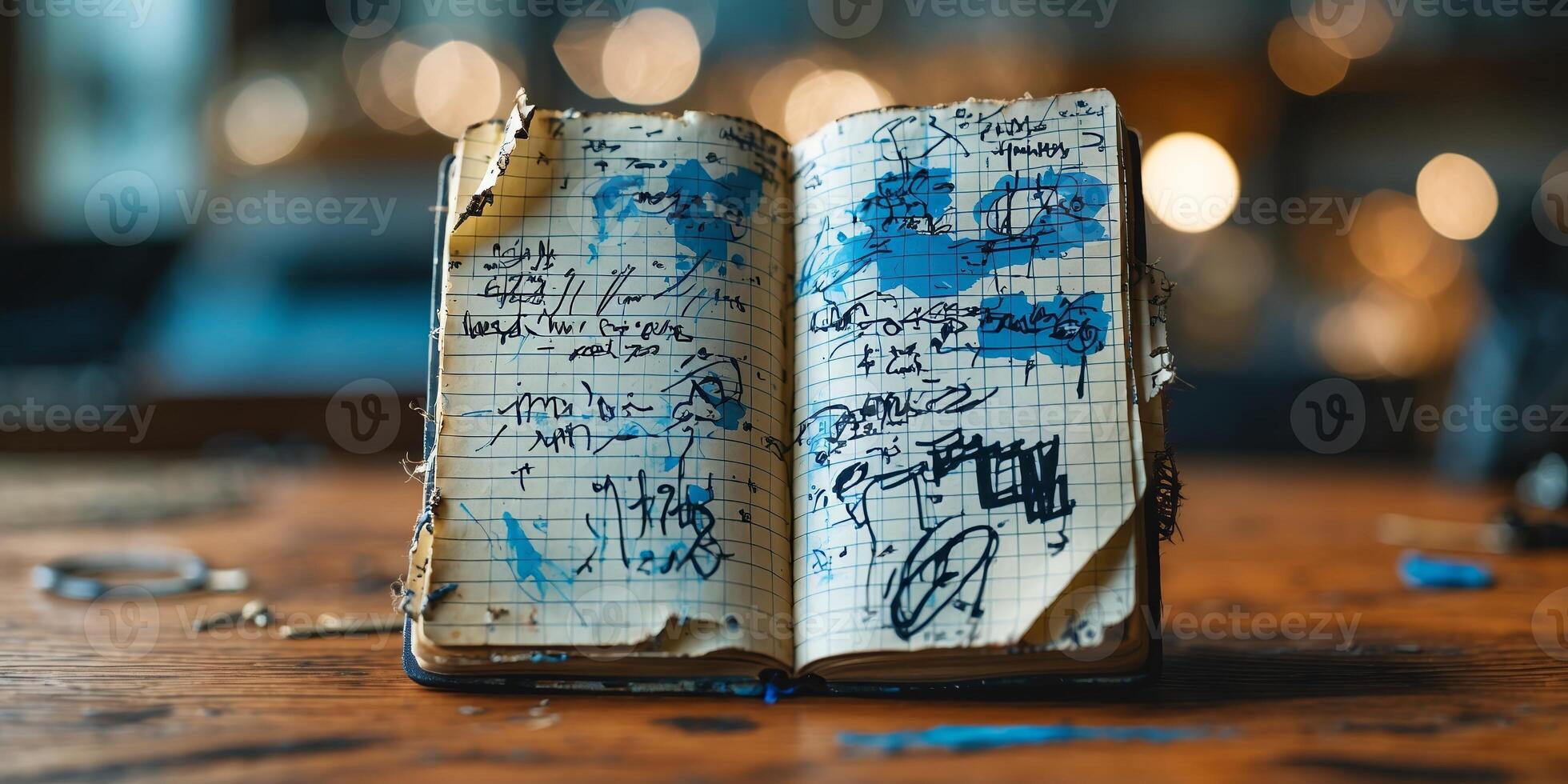 Open notebook filled with sketches and notes on a wooden desk in a cozy workspace during the evening photo