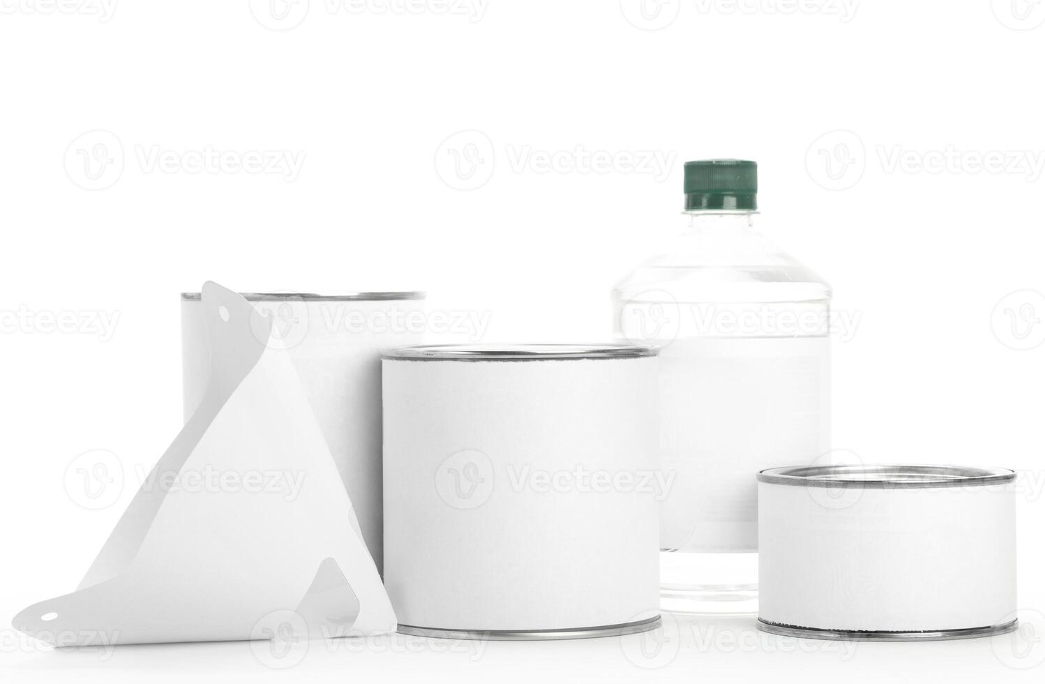 White tin cans with paint isolated on white background, copy space photo