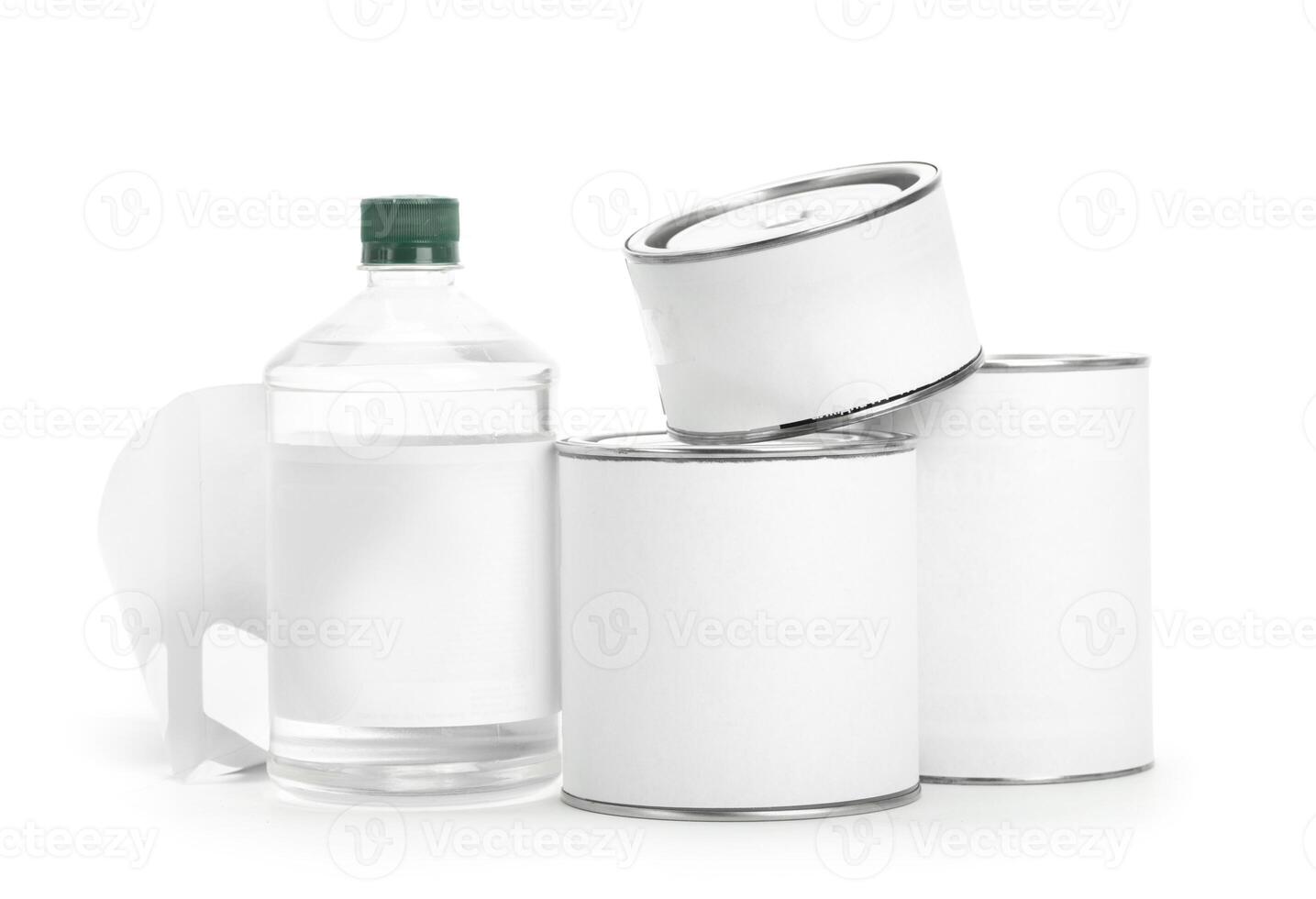 White tin cans with paint isolated on white background, copy space photo