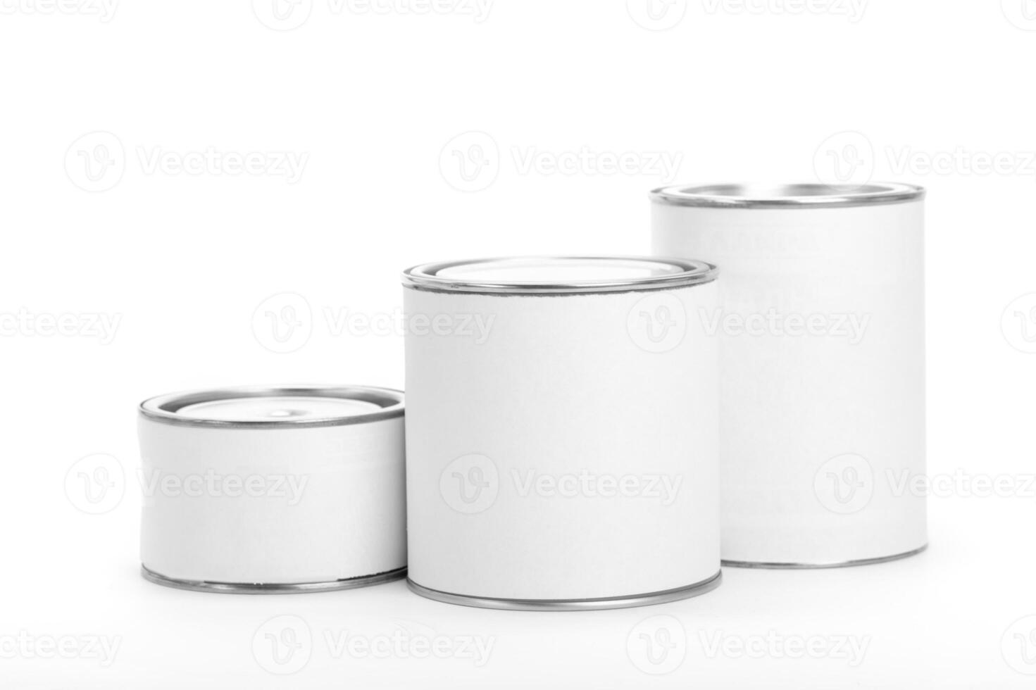 White tin cans with paint isolated on white background, copy space photo
