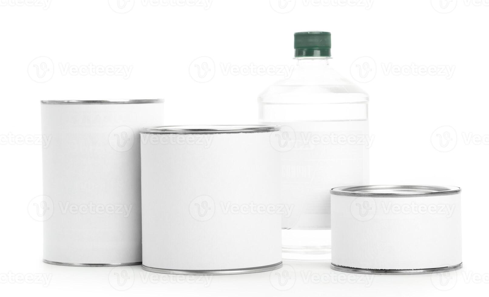 White tin cans with paint isolated on white background, copy space photo