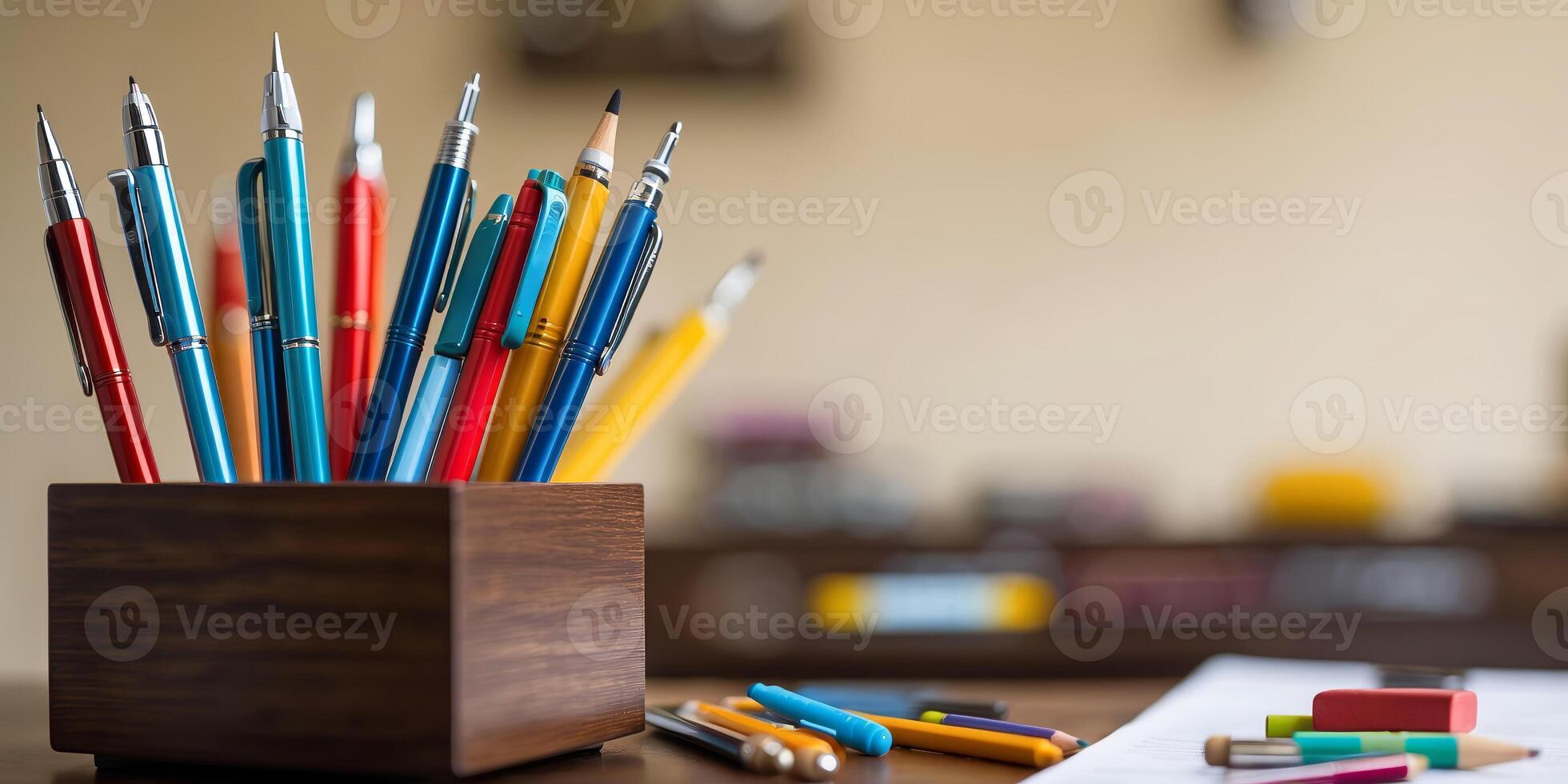 Colorful pens and pencils arranged in a holder on a wooden desk with stationery scattered around it photo
