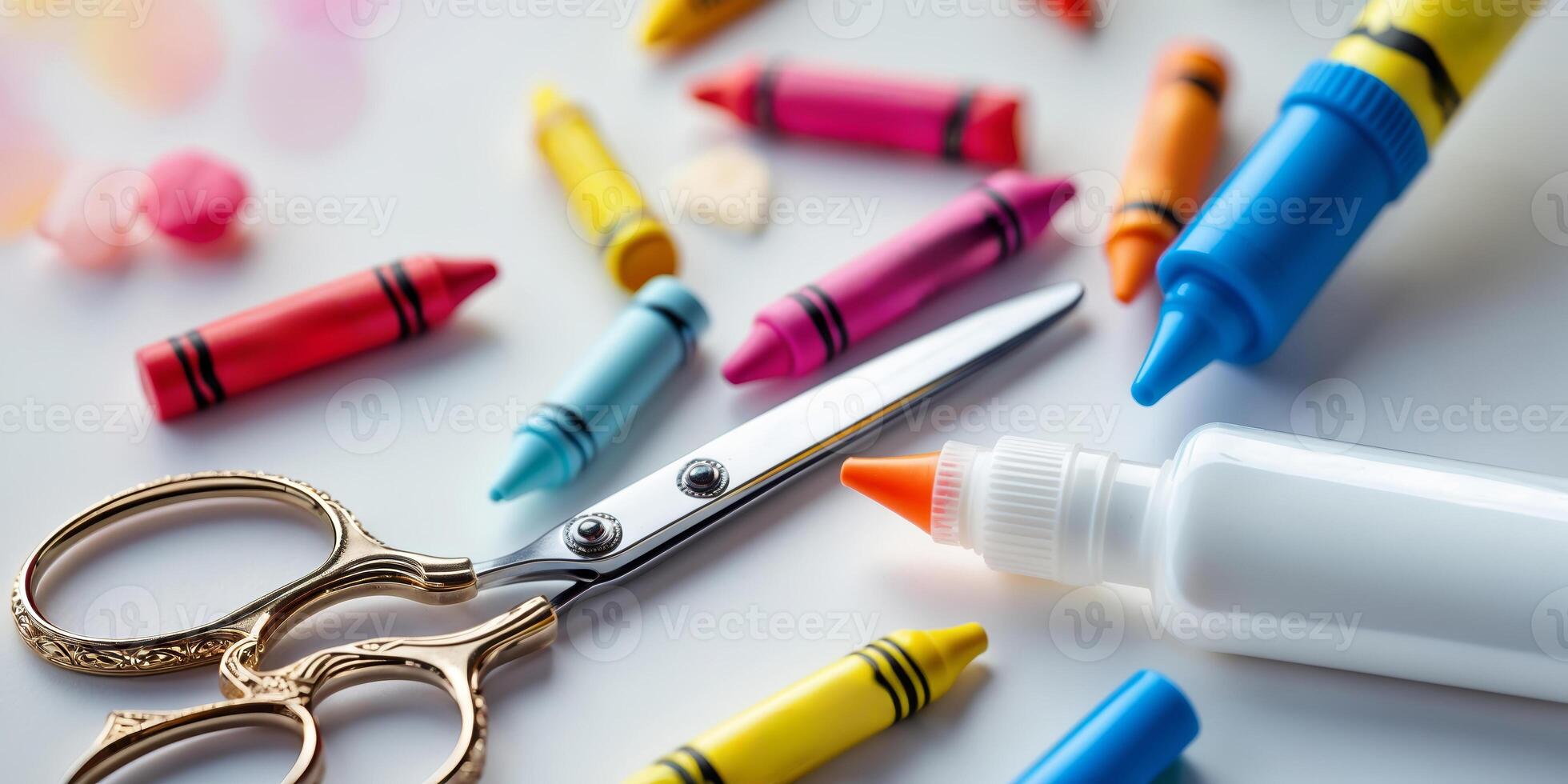 Crafting supplies on a table including scissors, crayons, and glue for creative activities at home photo