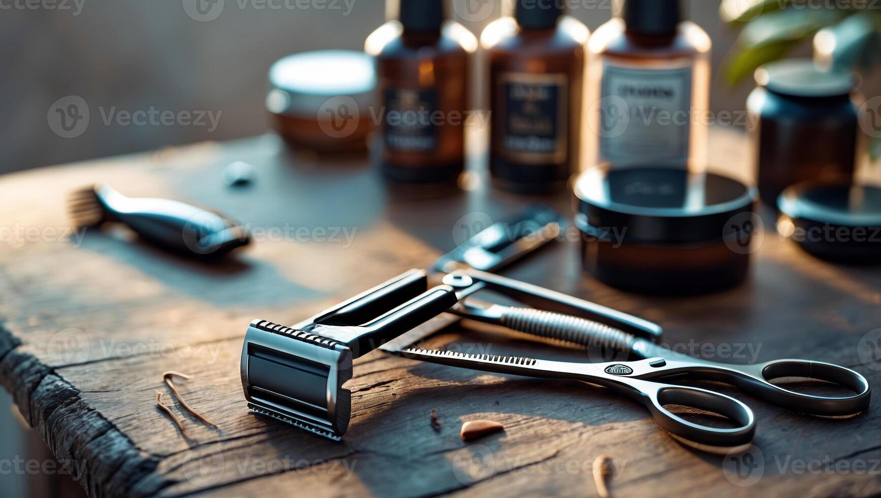 Tools of a skilled barber arranged on a wooden countertop with grooming products in the background during golden hour lighting photo