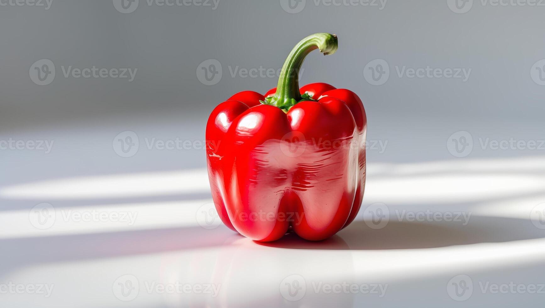 Fresh red bell pepper illuminated by soft light sits on a clean surface highlighting its vibrant color and smooth texture photo