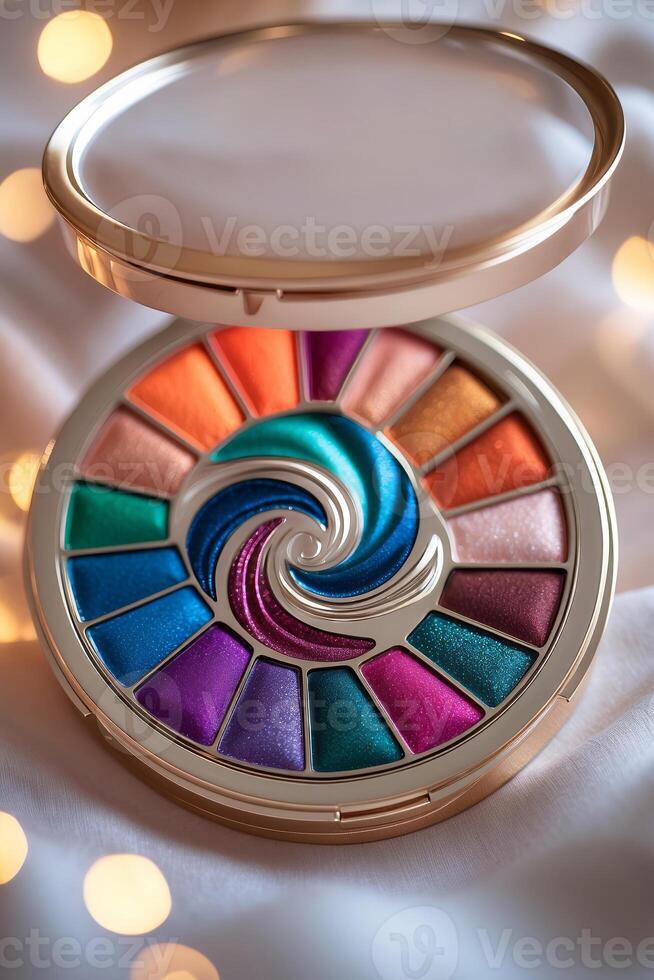 Vibrant makeup palette showcasing an array of colorful shades arranged in a spiral pattern on a soft surface photo
