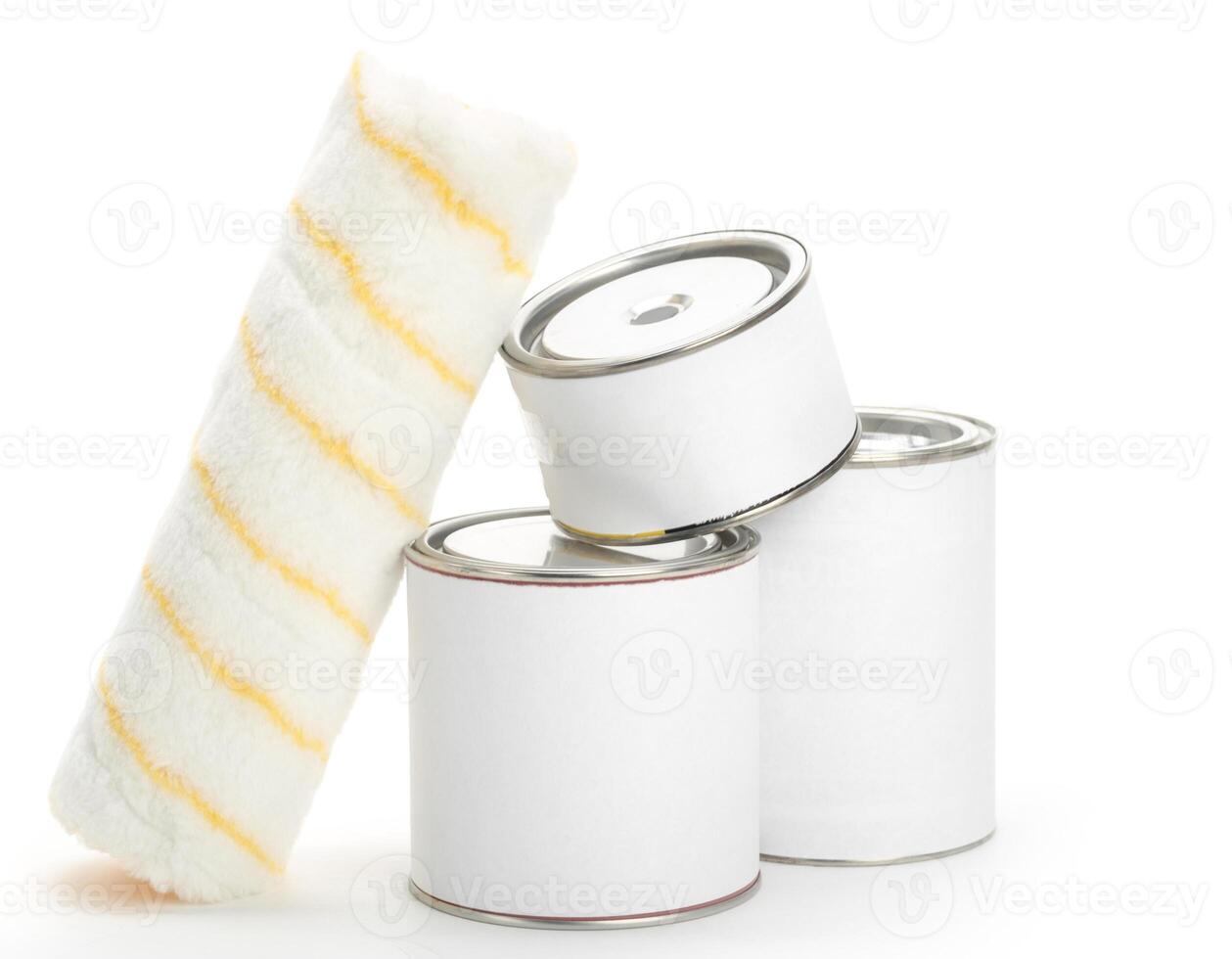 White tin cans with paint isolated on white background, copy space photo