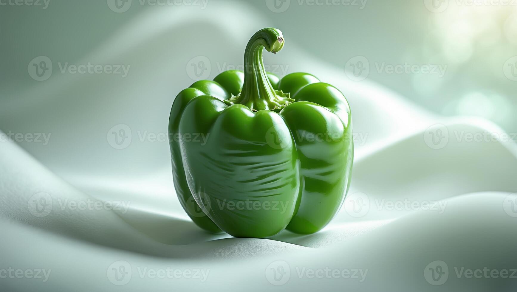 Fresh green bell pepper resting on a soft white fabric with a soft glow in the background photo