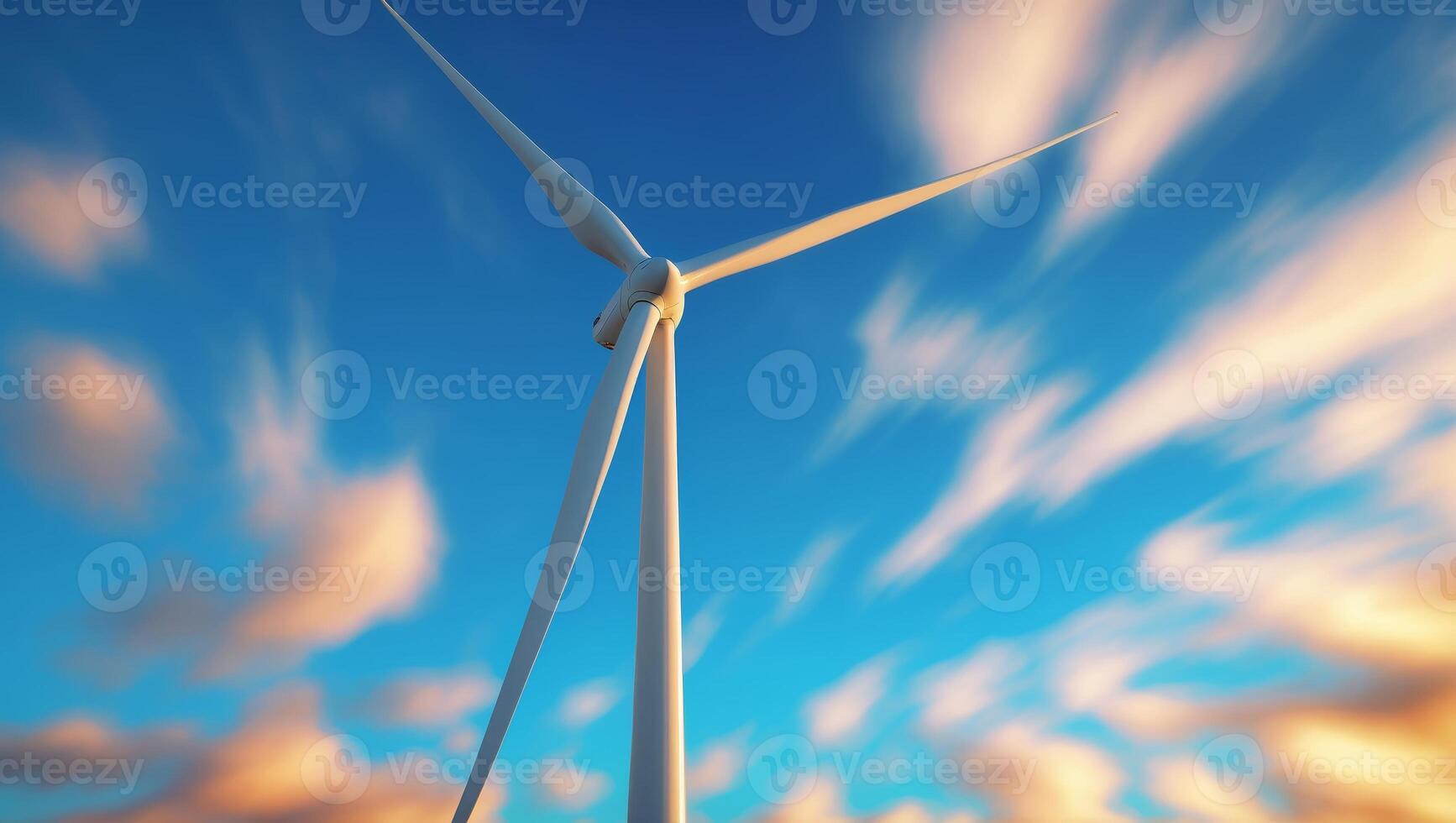 Wind turbine rotates under a dramatic sky filled with colorful clouds at sunset in a renewable energy field photo
