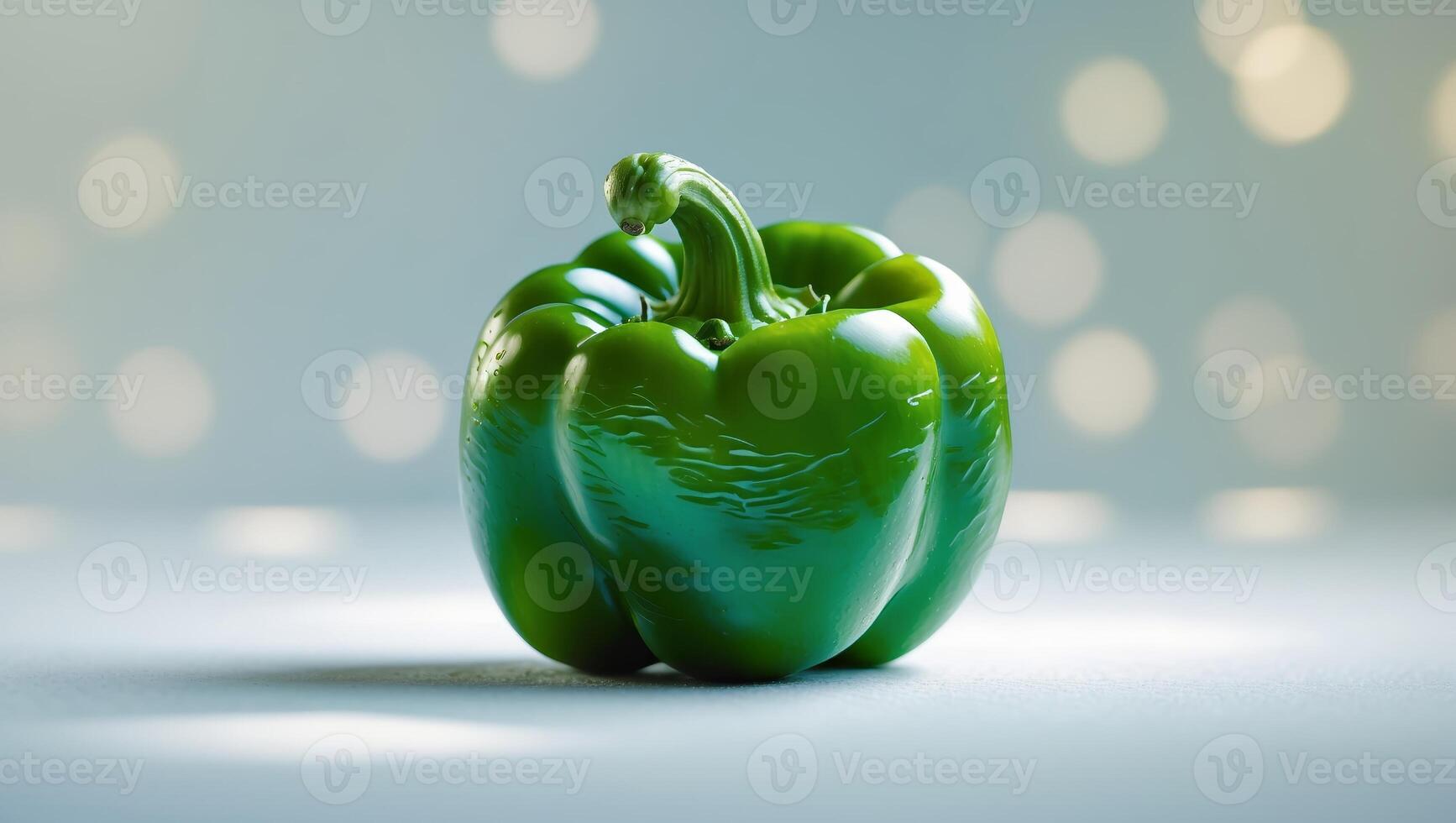 Green bell pepper resting on a surface with a soft background blur and light bokeh effect in a studio setting photo