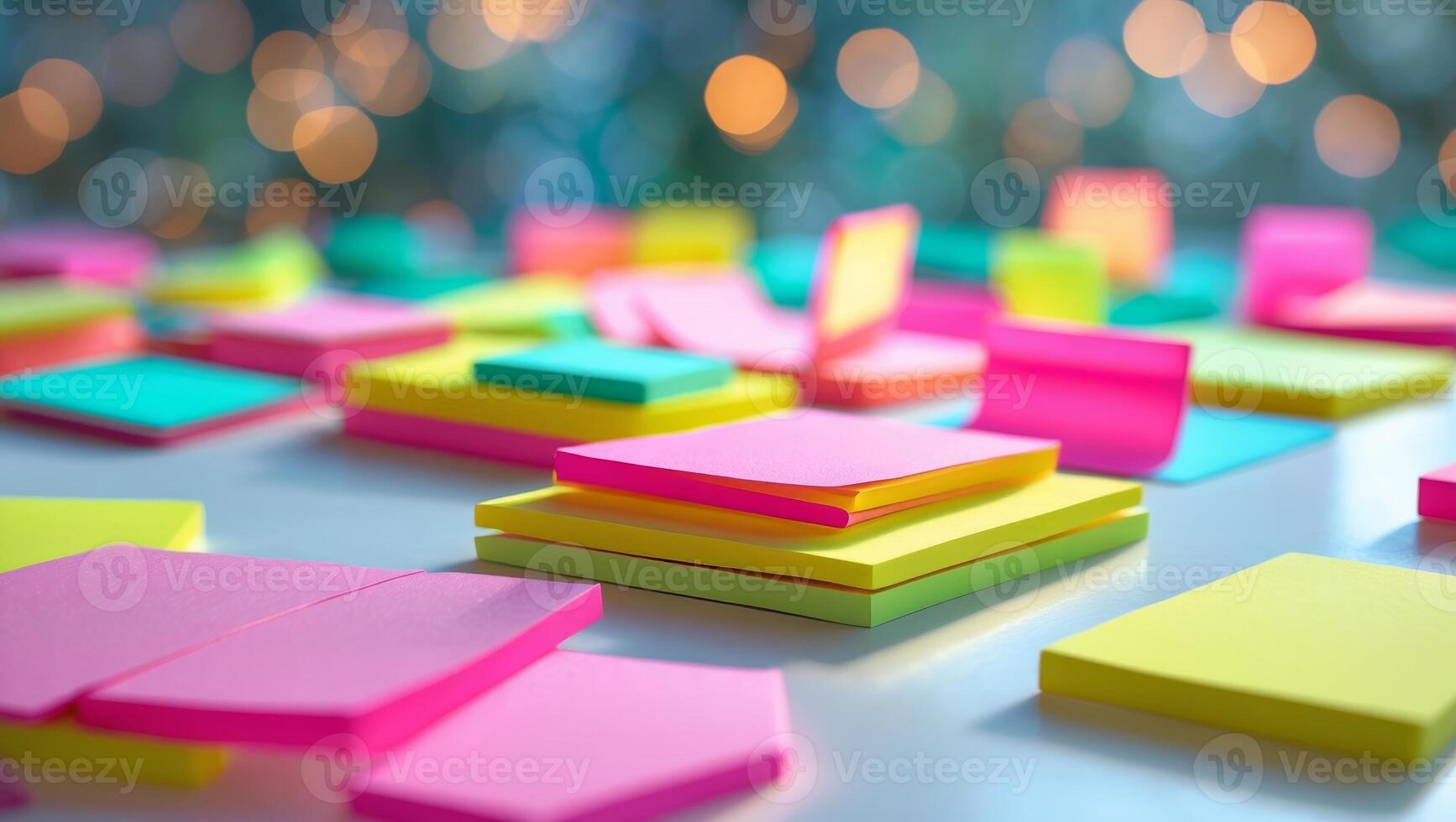 Colorful sticky notes scattered on a workspace during a brainstorming session in a creative office environment photo