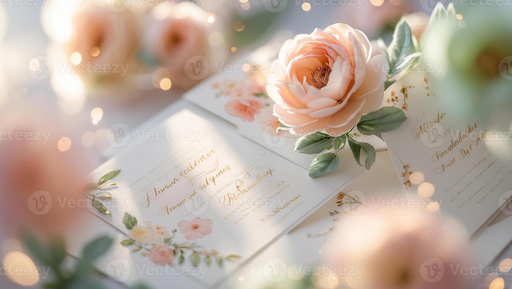 Elegant floral wedding invitations with peach roses on a soft background in a serene setting photo