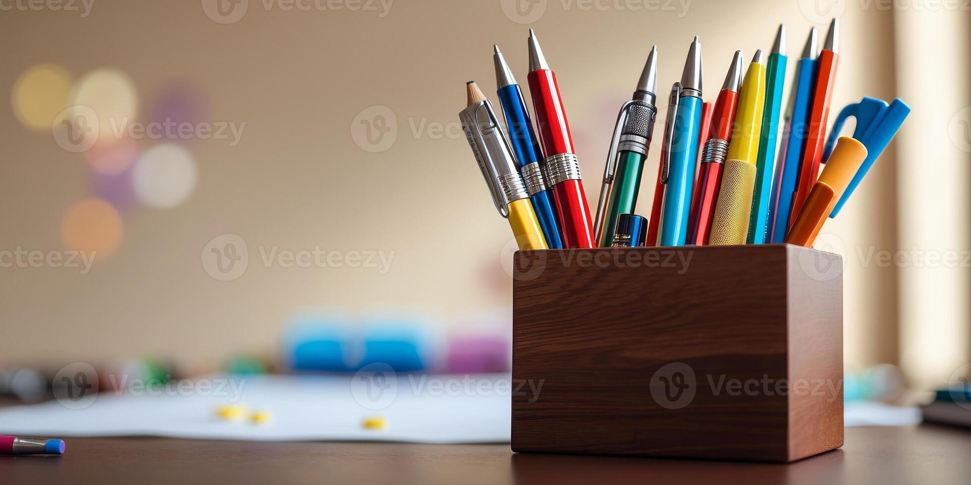 Colorful assortment of pens and pencils in a wooden holder on a desk with a blurred background photo