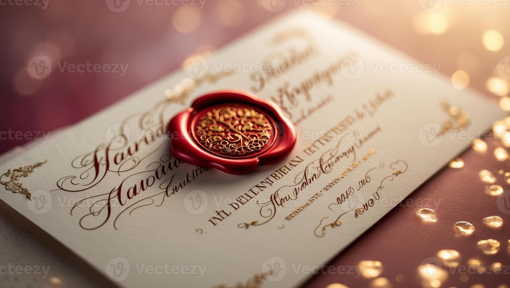 Elegant invitation card adorned with wax seal resting on a sparkling surface in soft lighting photo