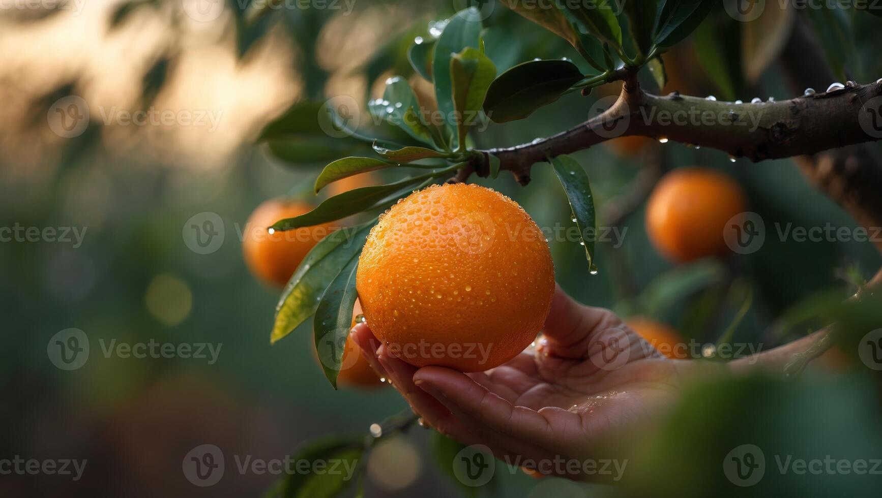 Freshly picked orange shines with dew in a lush orchard during golden hour photo