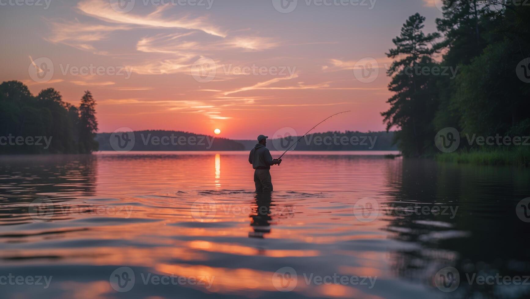 Fisherman casting a line at sunset on a tranquil lake surrounded by trees photo