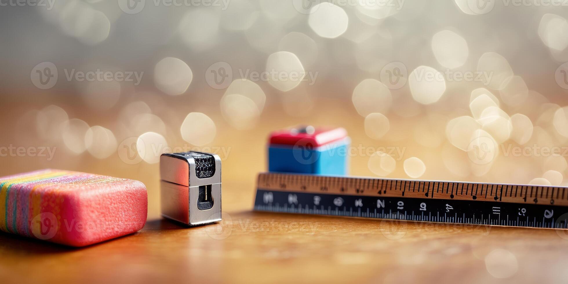 Colorful school supplies arranged on a wooden desk with a blurred background of sparkling light during daytime photo