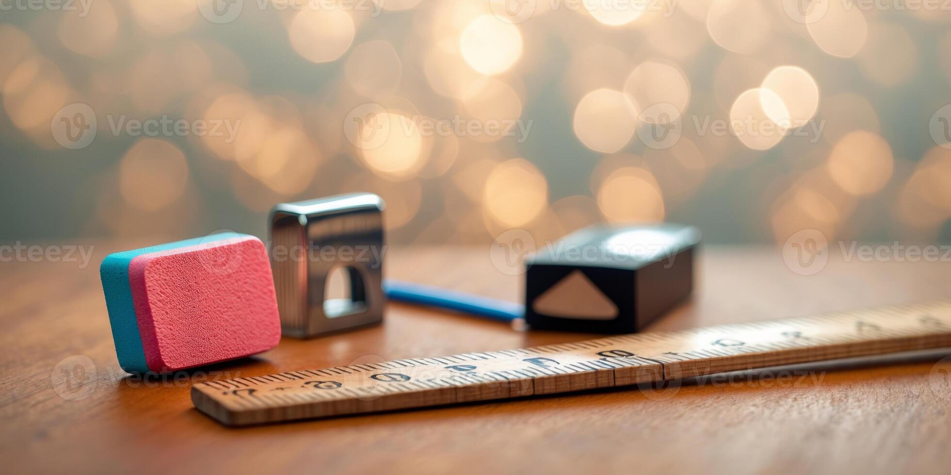 Colorful writing tools arranged on a wooden surface with a soft blurred background at a classroom setting photo