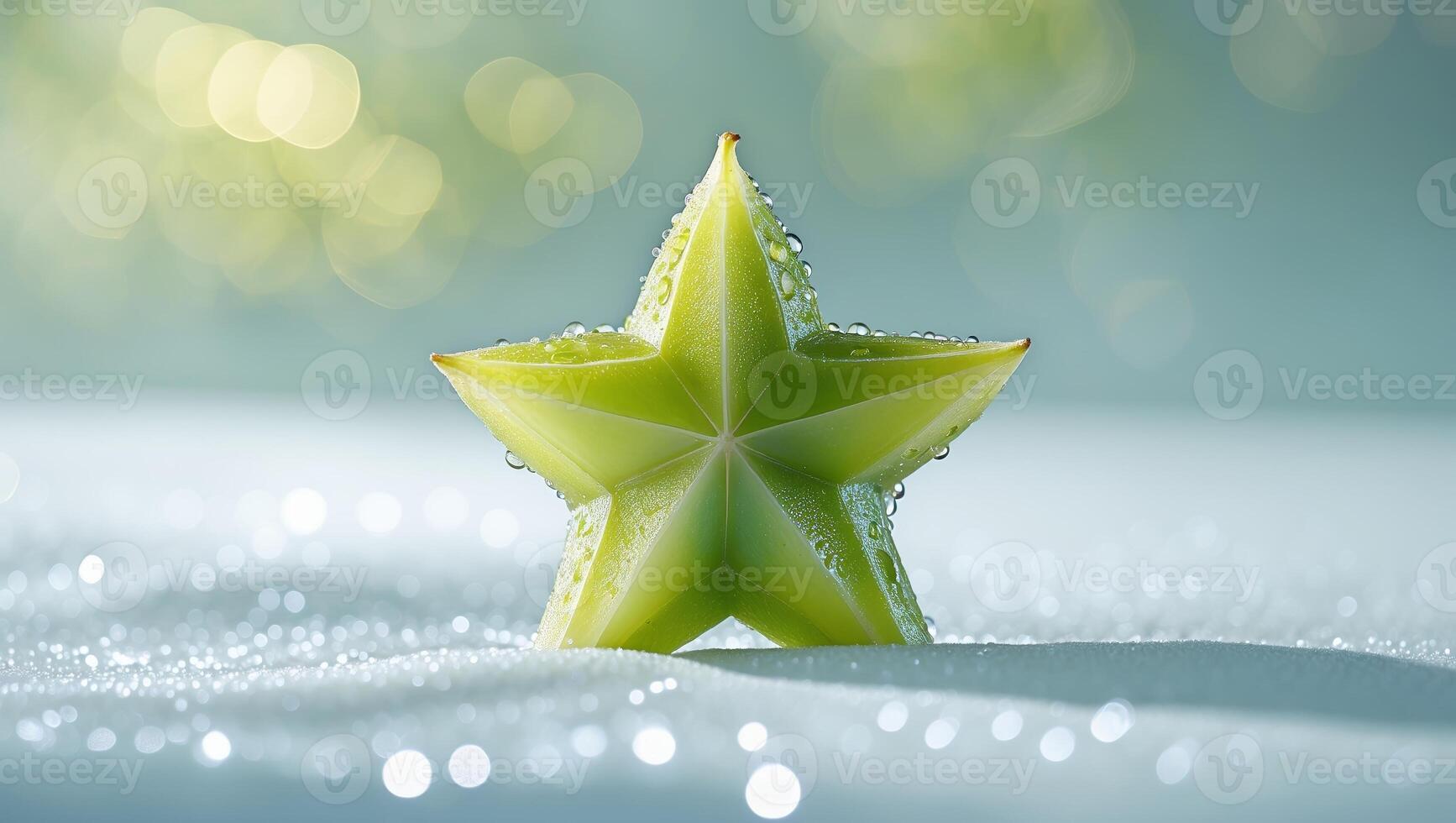 Star-shaped fruit glistening with water droplets on a soft white background during a serene moment in nature photo