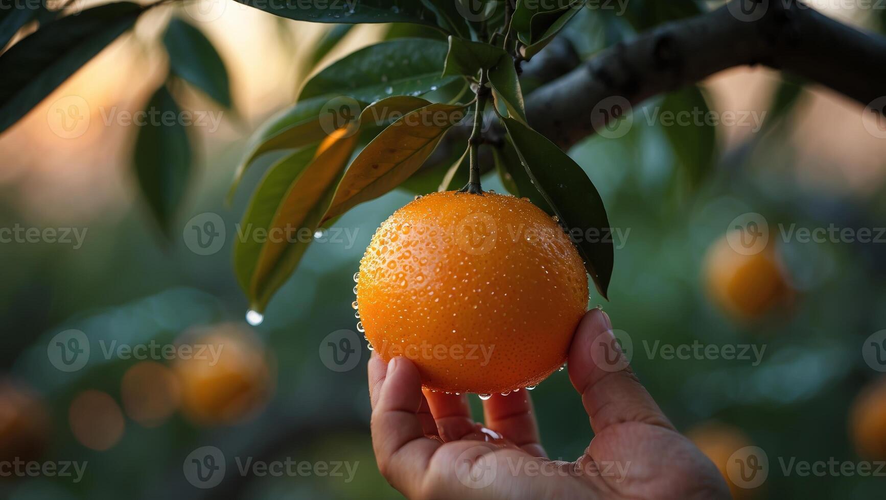 Picking ripe oranges in a sunlit orchard during early morning hours with dew glistening on the fruit photo