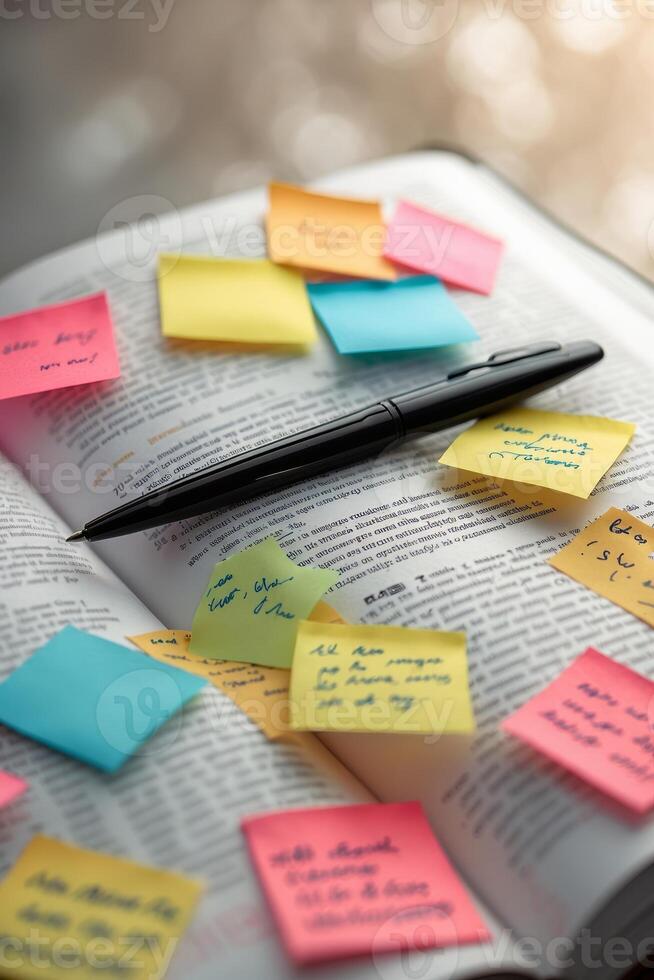 Colorful sticky notes and a pen placed on an open book during a study session in a cozy, well-lit space photo