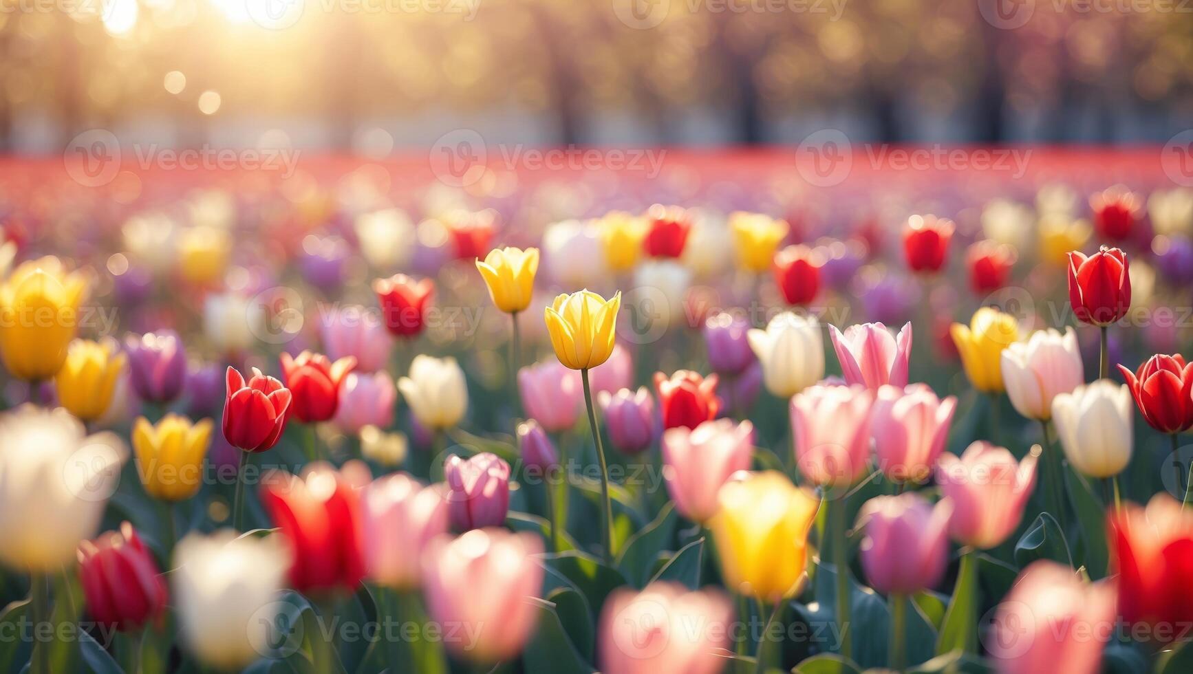Vibrant tulip field in full bloom during sunset, showcasing an array of colors and natural beauty photo