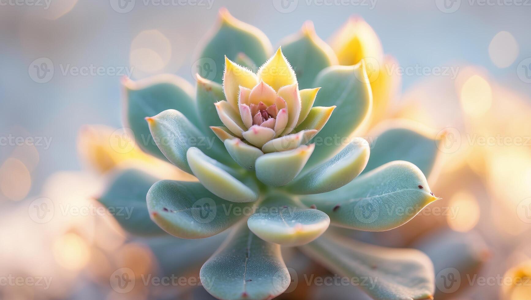 Delicate succulent in soft morning light showcasing intricate rosette formation and vibrant colors photo