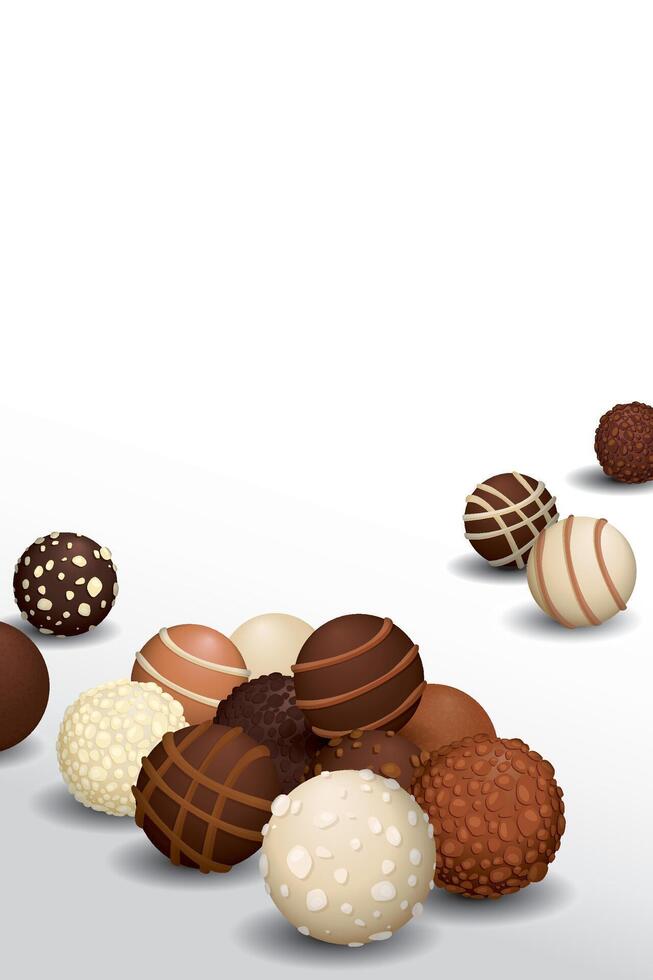 Various chocolate balls on white vertical background graphic illustration have blank space. vector