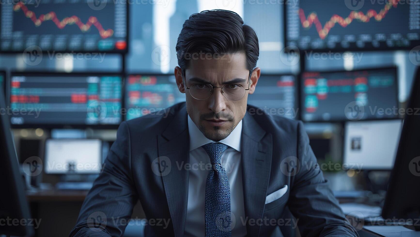 Business professional analyzes data in a high-tech trading room during a busy market day photo