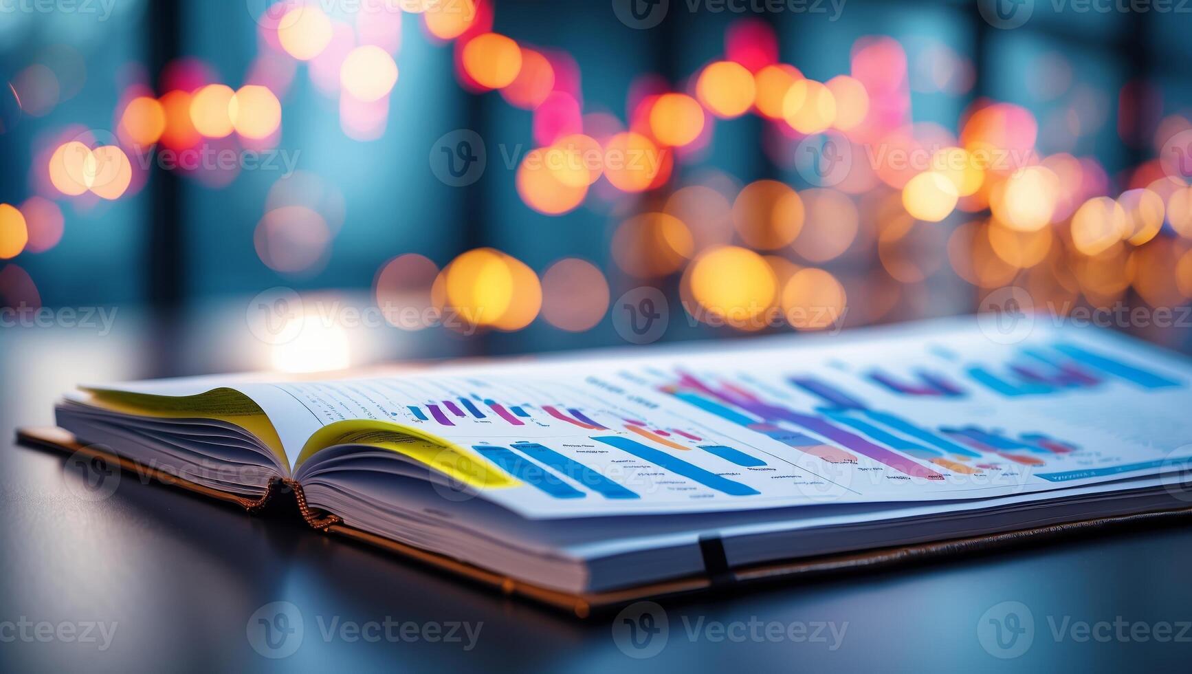 Business reports and charts displayed on a desk with glowing lights in the background during evening hours photo