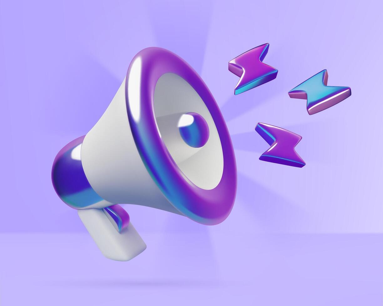 Purple 3d megaphone background holographic lightning bolts for news announcement sales or hiring vector