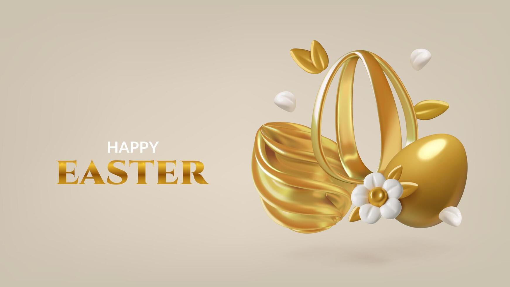 Happy Easter banner and background design with gold luxury Easter eggs and flowers vector