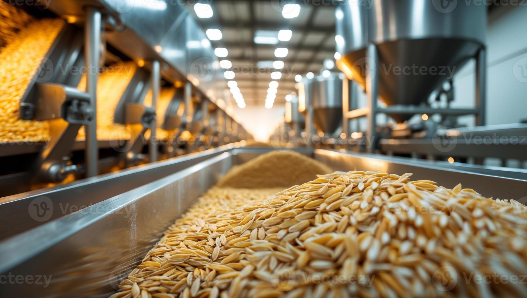 Grain processing facility showcases an automated production line during daylight hours photo