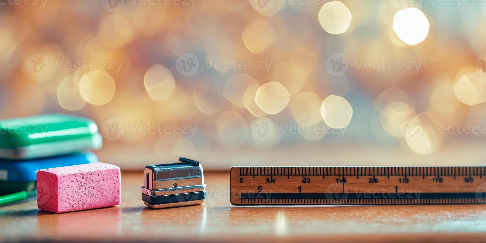 Various stationery items including an eraser, sharpener, and ruler arranged on a wooden surface with blurred background lights photo