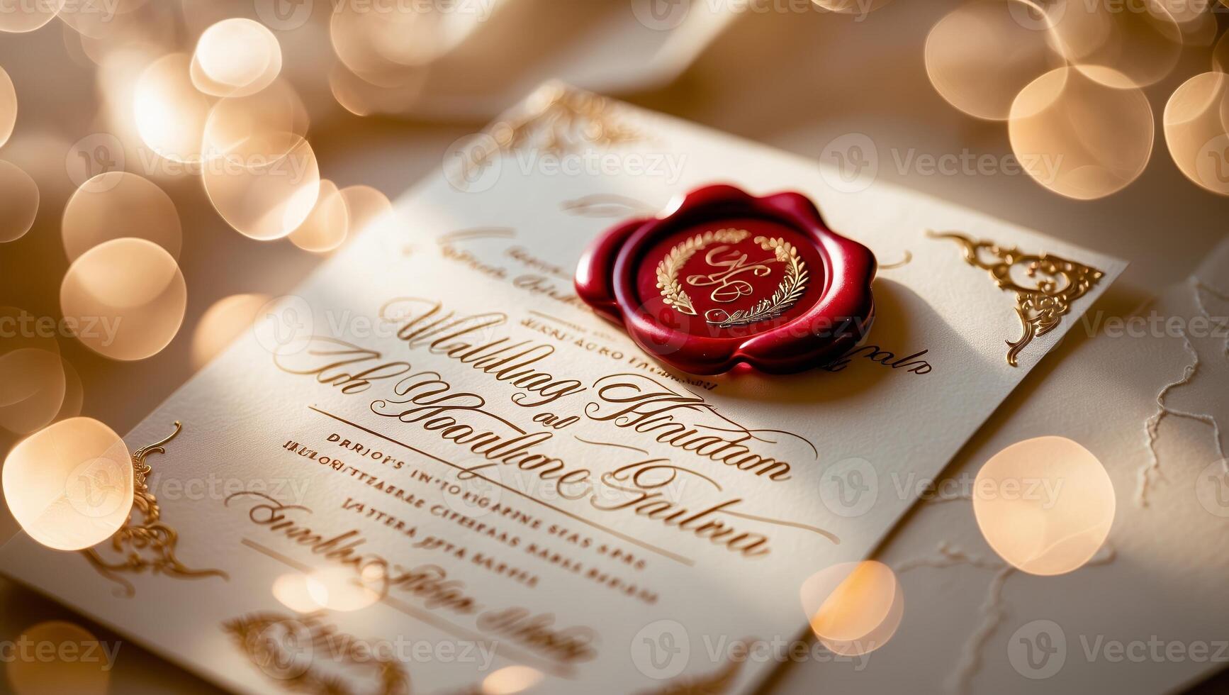 Elegant wedding invitation with wax seal on a decorative background illuminated by soft bokeh lights photo