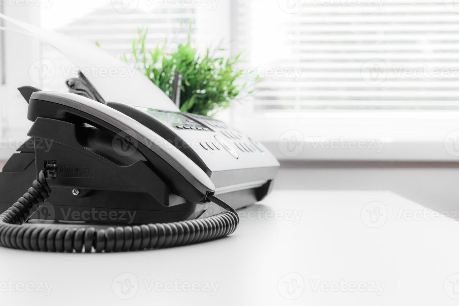 Black fax machine tool close up, business concept photo