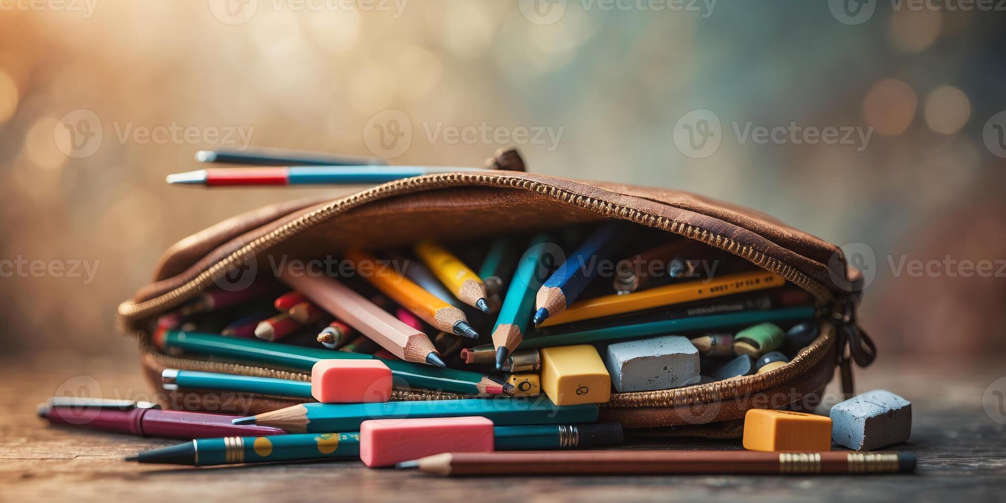 Colorful assortment of pencils and erasers spilling out of a leather pencil case on a rustic wooden table photo